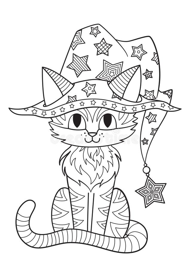 halloween-coloring-book-page-cat-witch-hat-illustration-adult-antistress-zentangle-style-158816753